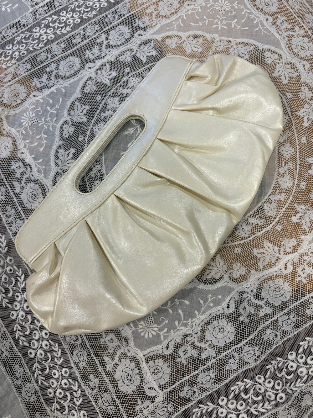 Vintage soft leather like Cream Ruched Handbag Clutch - Elegant Evening Bag